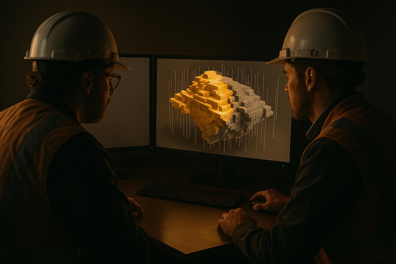 Isometric block model of a gold deposit coloured by grade shell