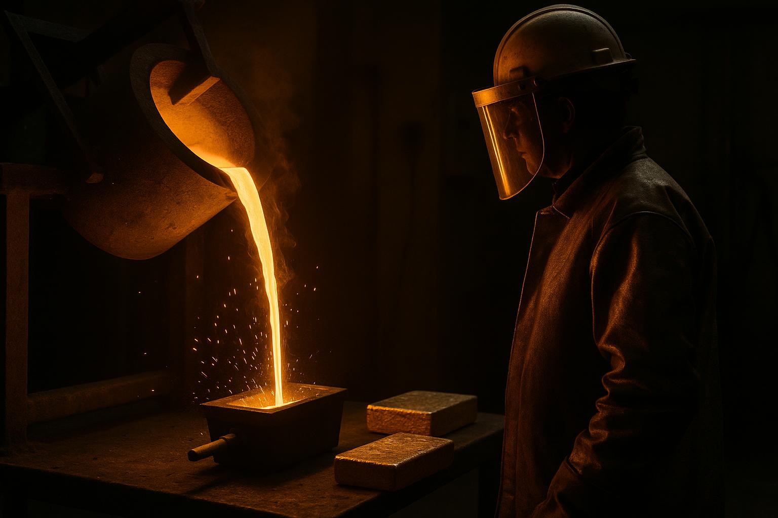 Molten gold poured from a crucible into a doré bar mould