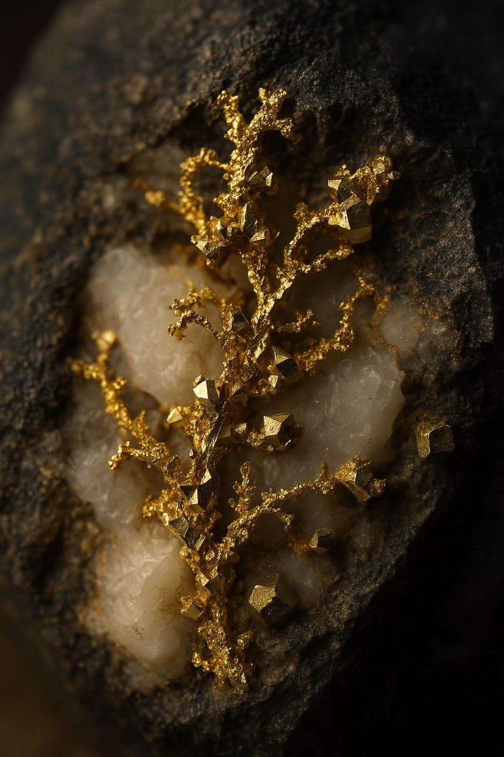 Visible gold in a quartz vein hosted in dark country rock