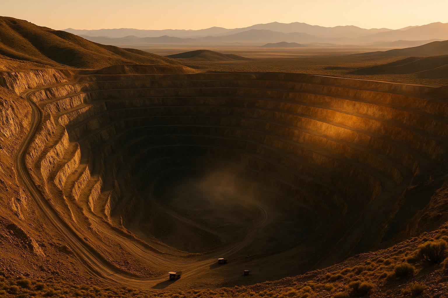 Terraced open-pit gold mine at golden hour in the high desert