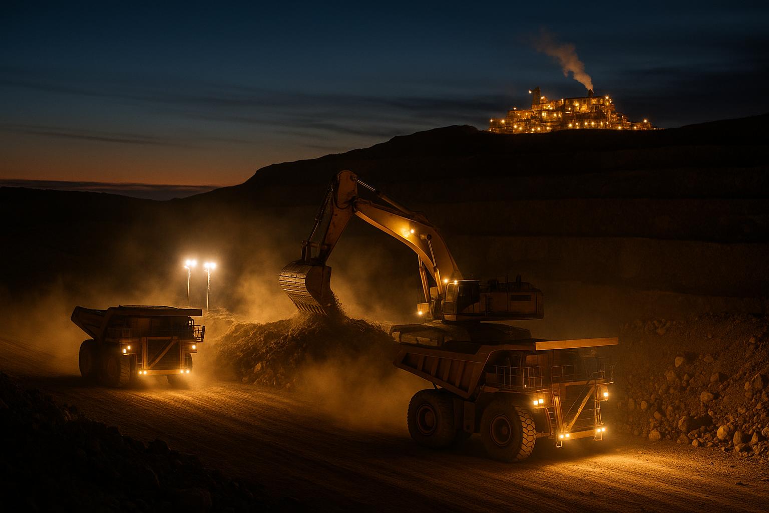 Haul fleet working a bench at night with the process plant lit behind